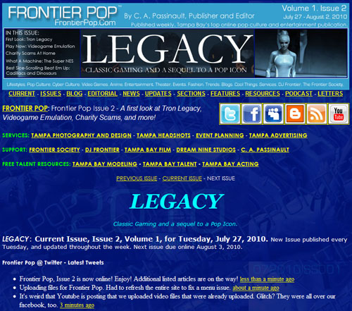 Frontier Pop Issue 2: Legacy. A first look at Tron: Legacy, videogame emulation, charity scams, and more!